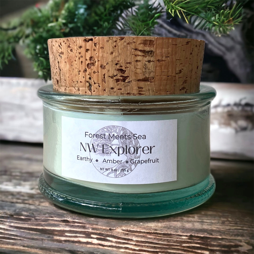 NW Traveler Hand Poured, Soy Wax Candle, Recycled Glass & Cork Vessel