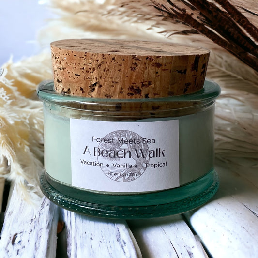 A Beach Walk Scented Candle, Hand Poured Soy Candle, Recycled Glass & Cork