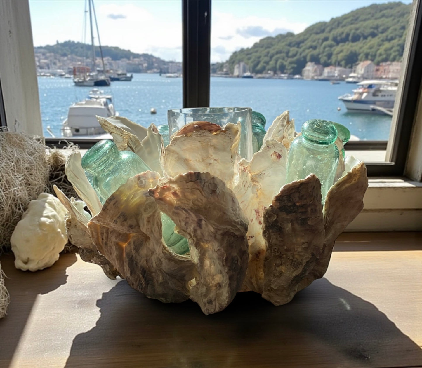 Oyster & Antique Glass Float Candle Holder