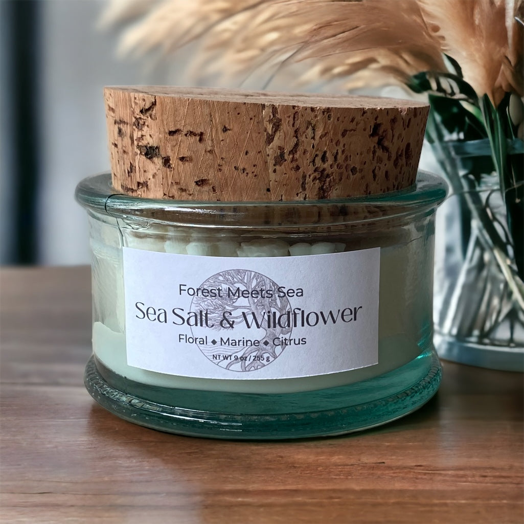 Sea Salt & Wildflower Hand Poured Soy Candle, Recycled Glass & Cork Vessel