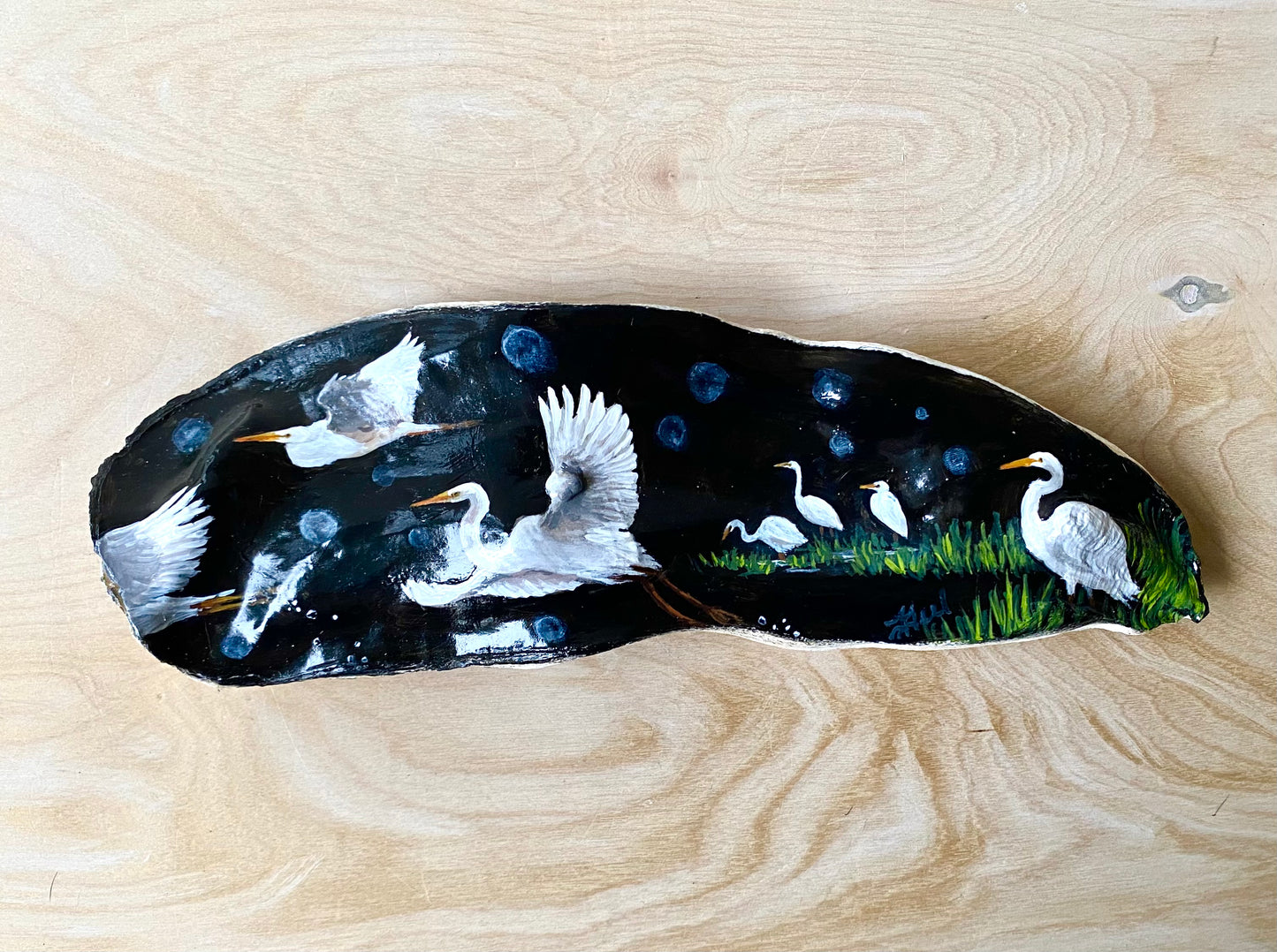 Egrets Painting on Giant Oyster Shell, Handmade Decor