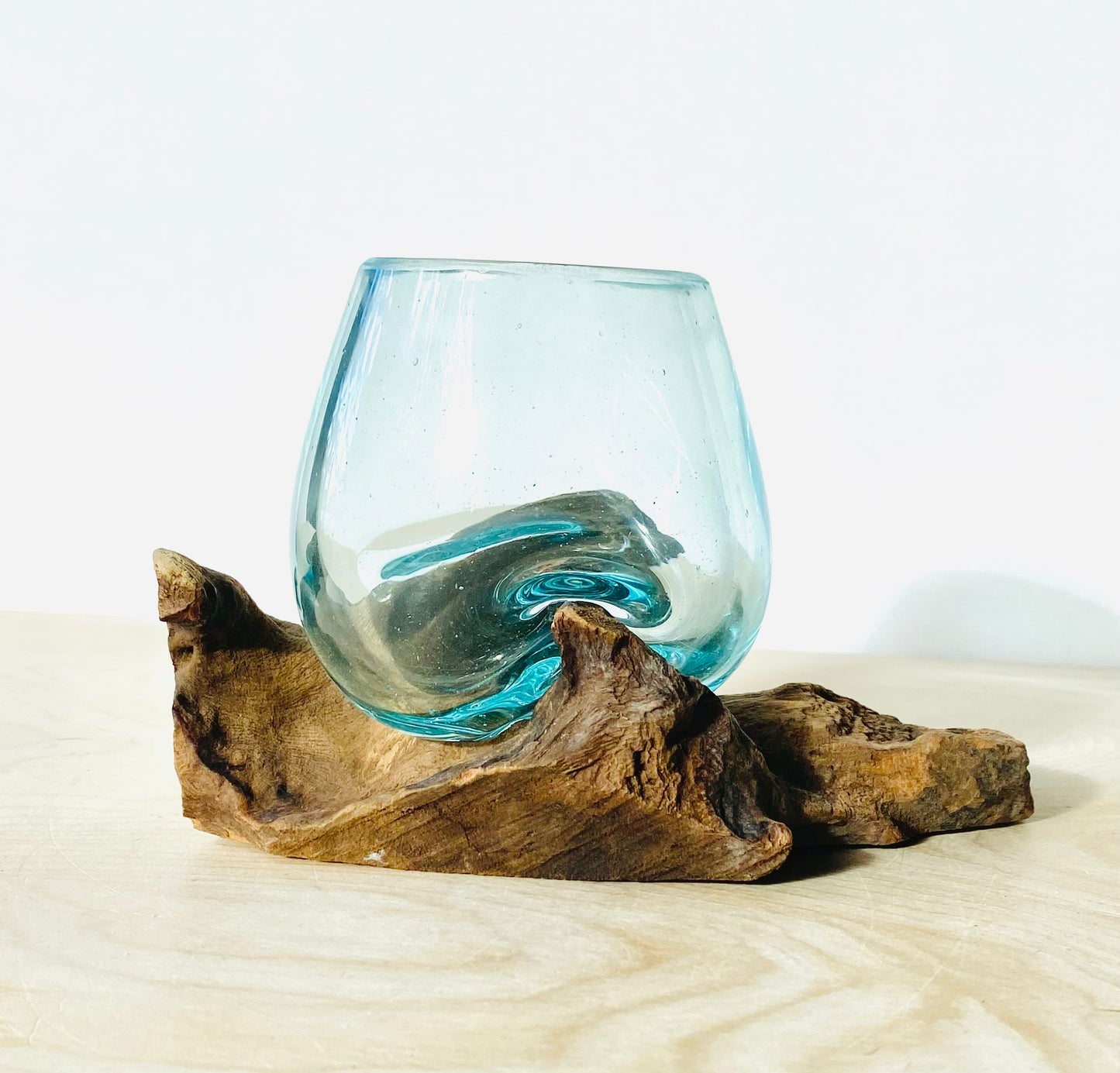 Small Molten Glass Vase over Wood, Decorative Container