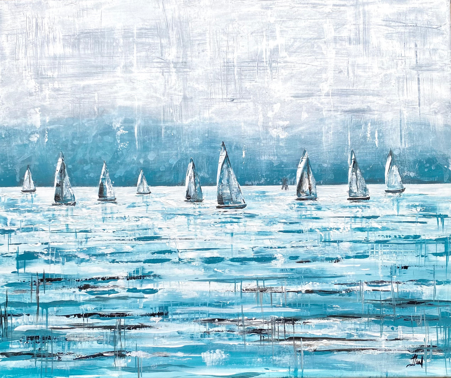 Sailboat Original Painting, ‘Regatta Fog’ 24x20