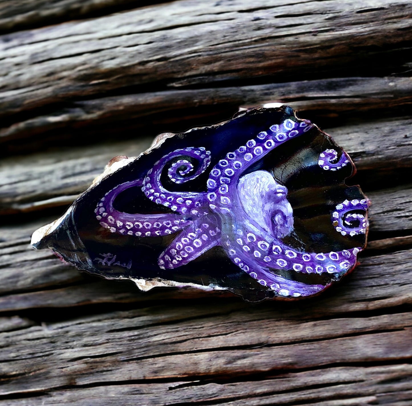 Purple Octopus, Handmade Trinket dish, Oyster Shell Painting