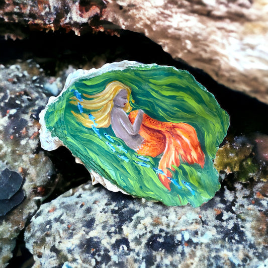 Mermaid Painting on Oyster Shell, Moody Decor