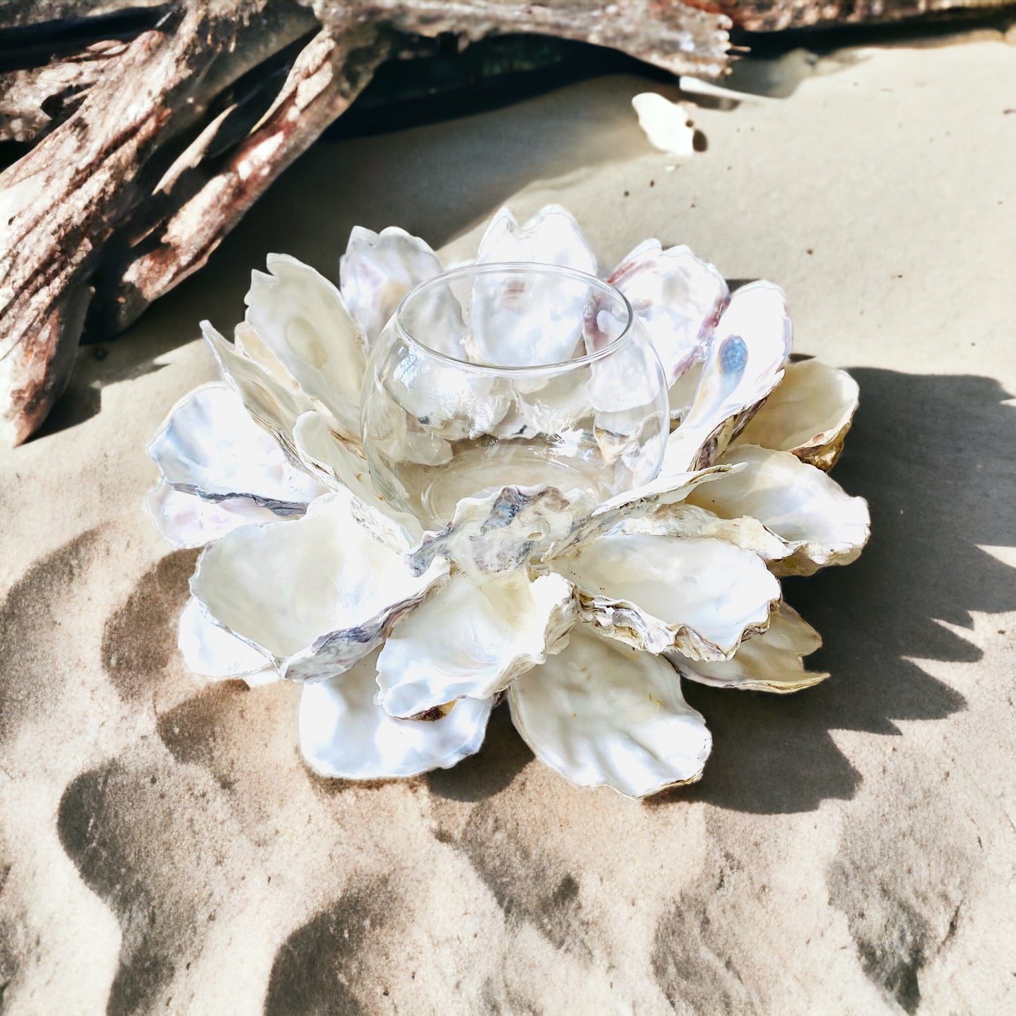 Oyster Shell Centerpiece with Round Insert, Shell Candle Holder