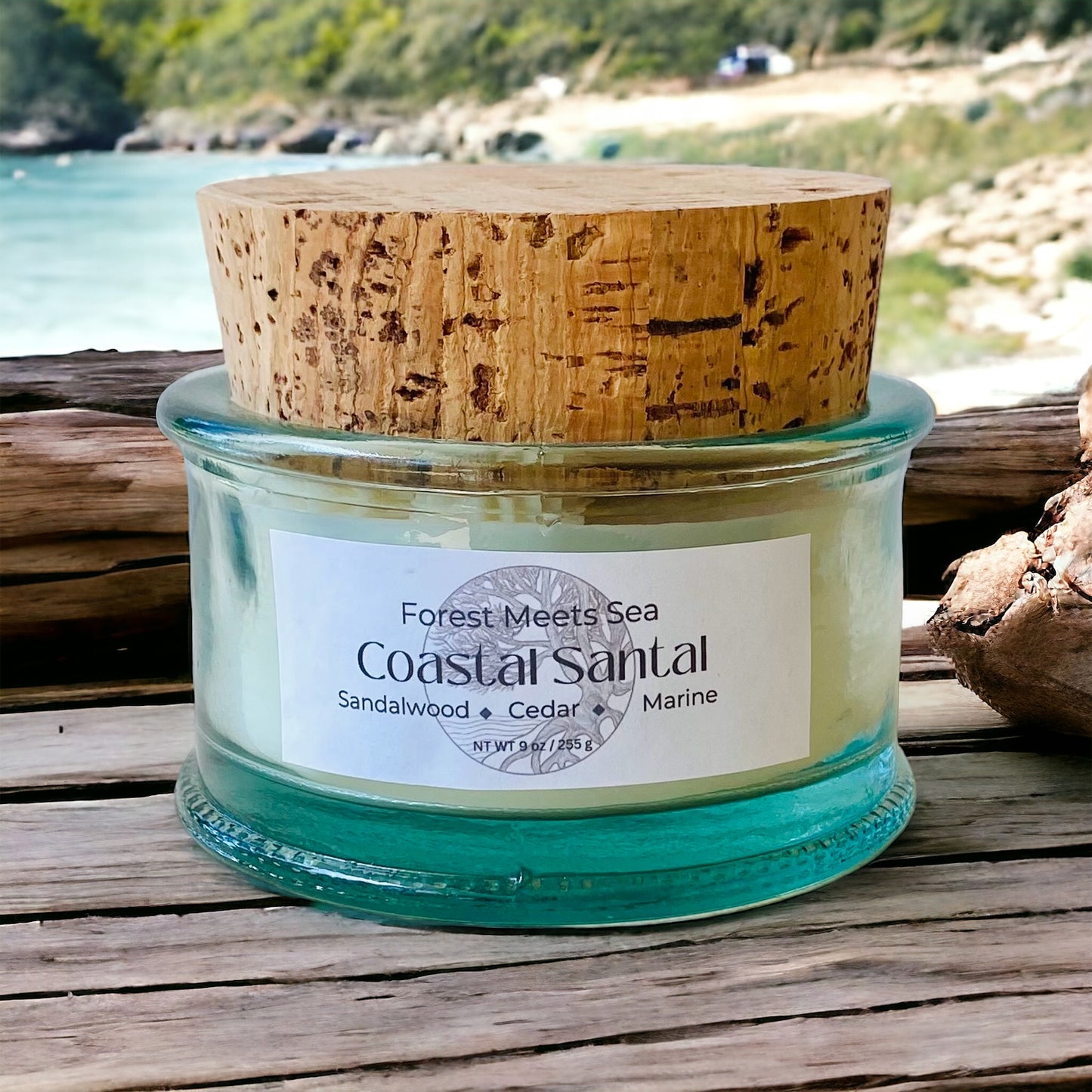 Coastal Santal Candle,Soy Wax Candle, Recycled Glass & Natural Cork Lid, Eco Friendly, Hand-Poured Candle