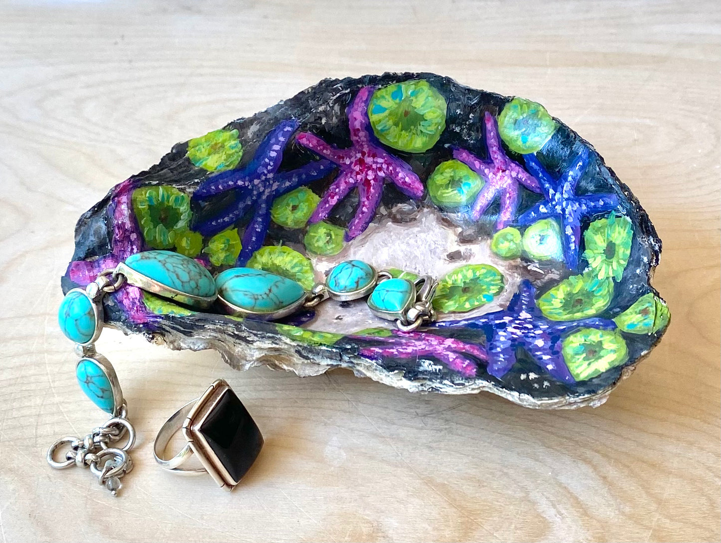 Oyster Shell Tide Pool, Handmade Trinket Dish Painting