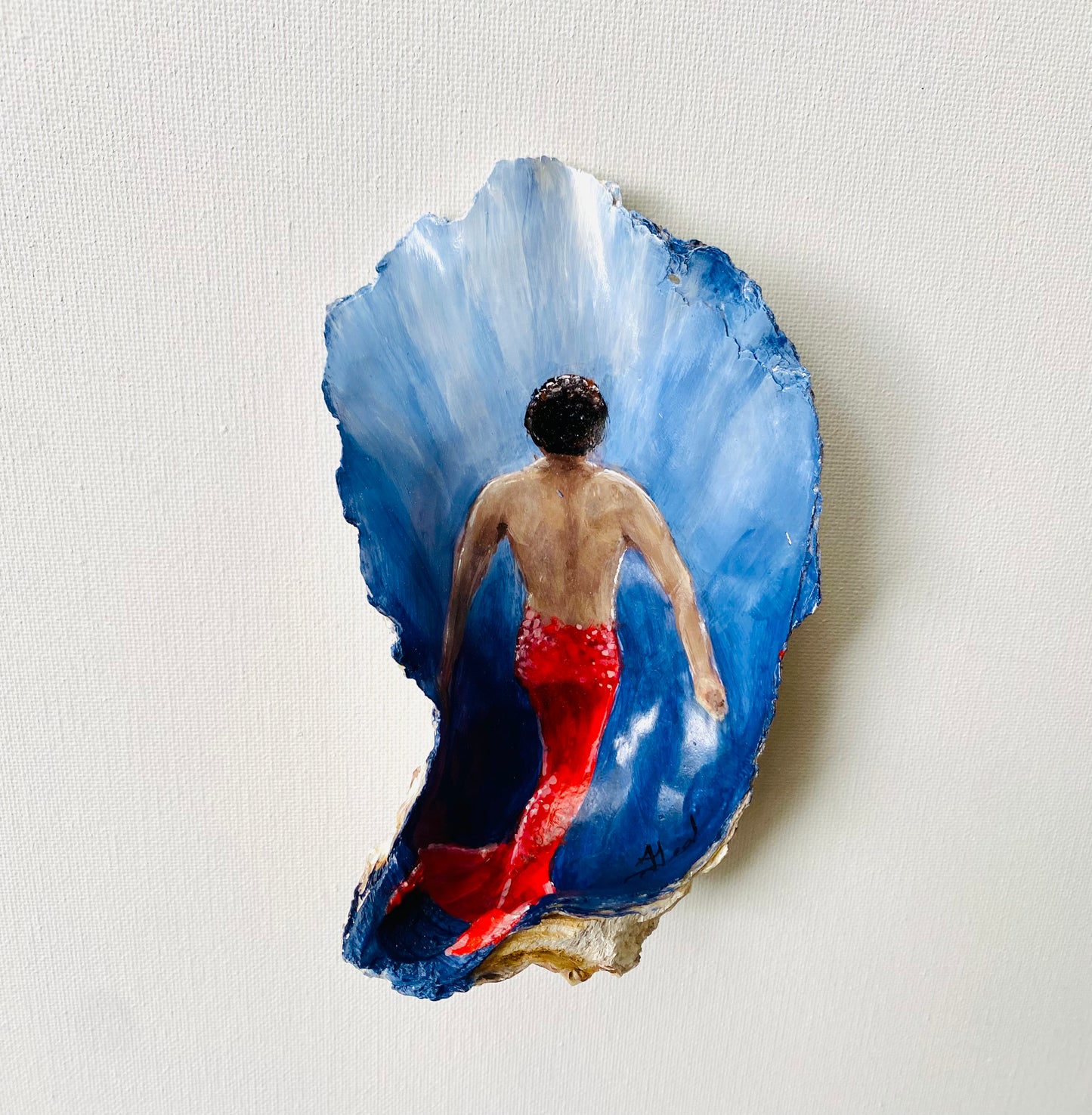 Merman Painting, Merman Oyster Shell, Handmade