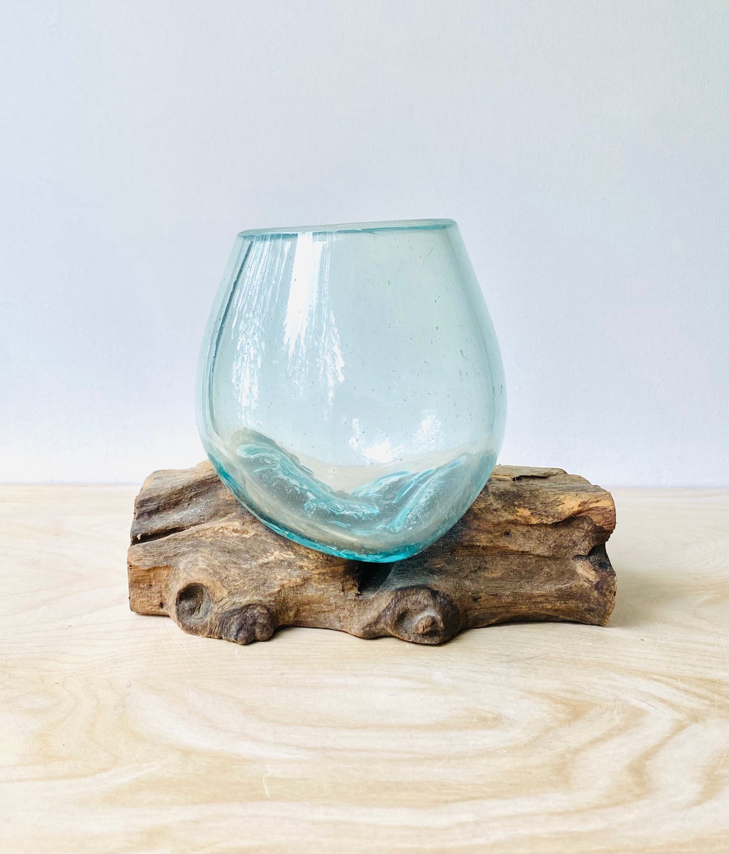 Molten Glass Bowl over Root Wood, Unique Trinket bowl, Hand Blown Container