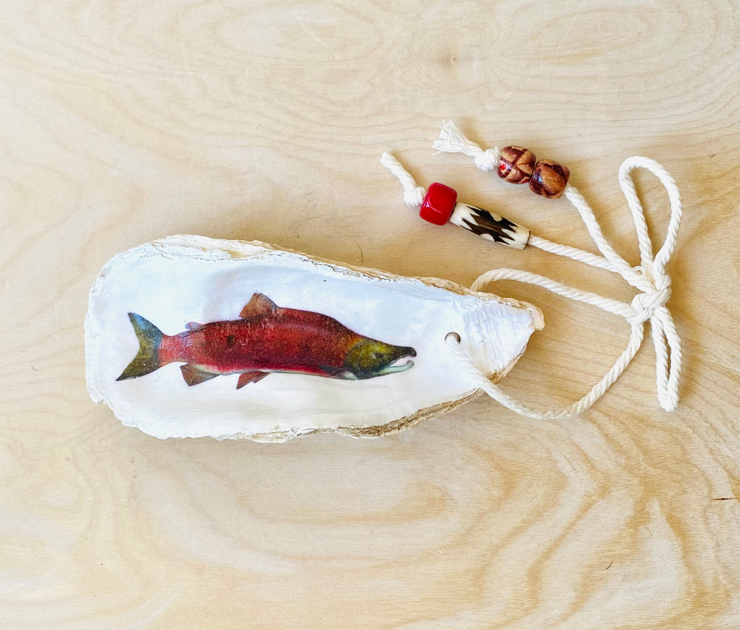 Sockeye Salmon Ornament, Handmade Oyster Shell Ornament