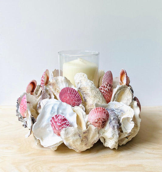 Oyster Shell & Purple Scallop Centerpiece, Shell Candle Holder