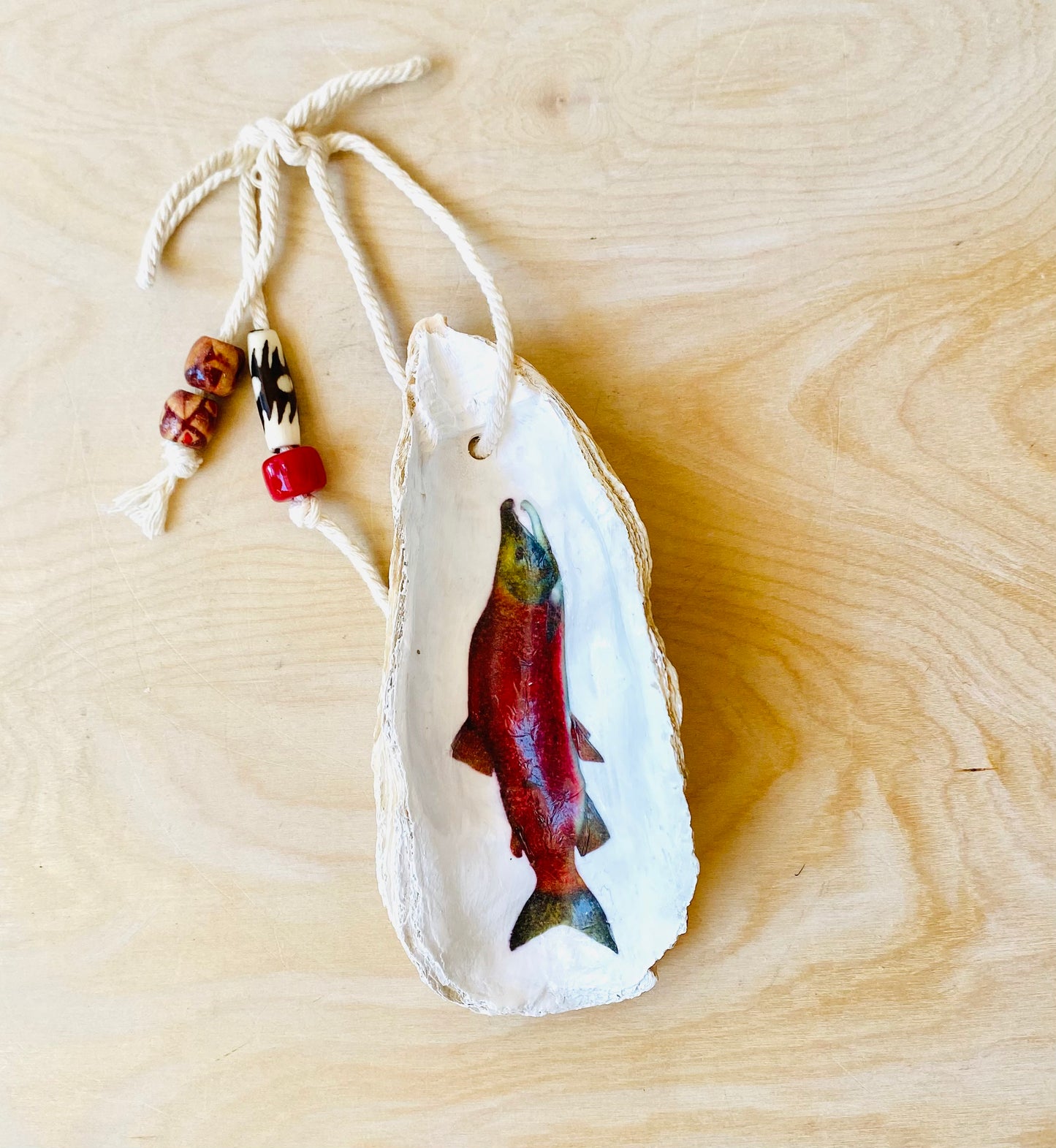 Sockeye Salmon Ornament, Handmade Oyster Shell Ornament