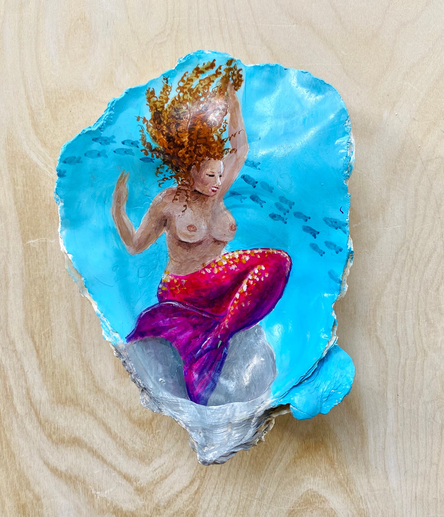 Curvy Mermaid Oyster Shell Painting, Handmade