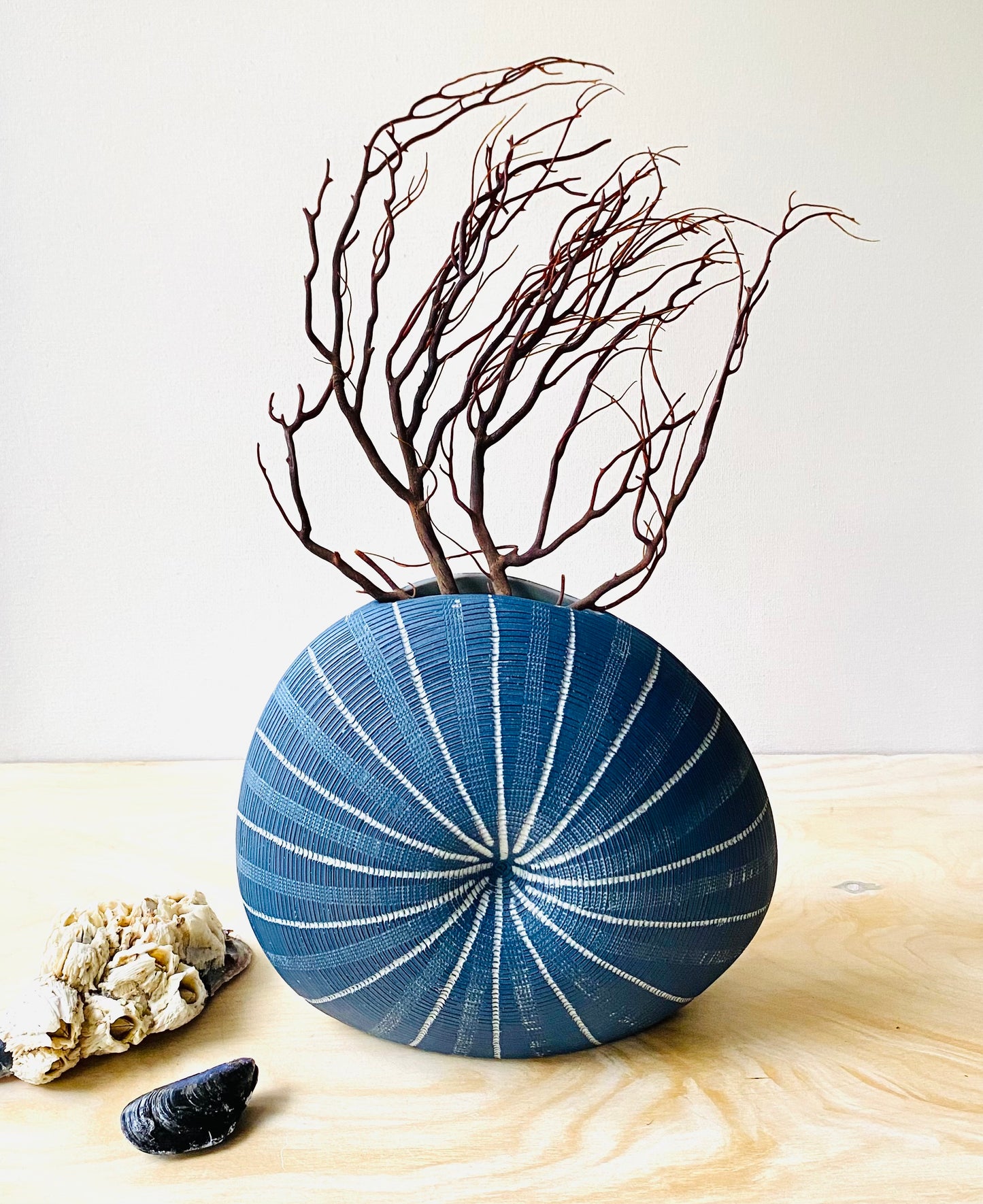 Blue Urchin Vase, Modern Porcelain Container, Med.